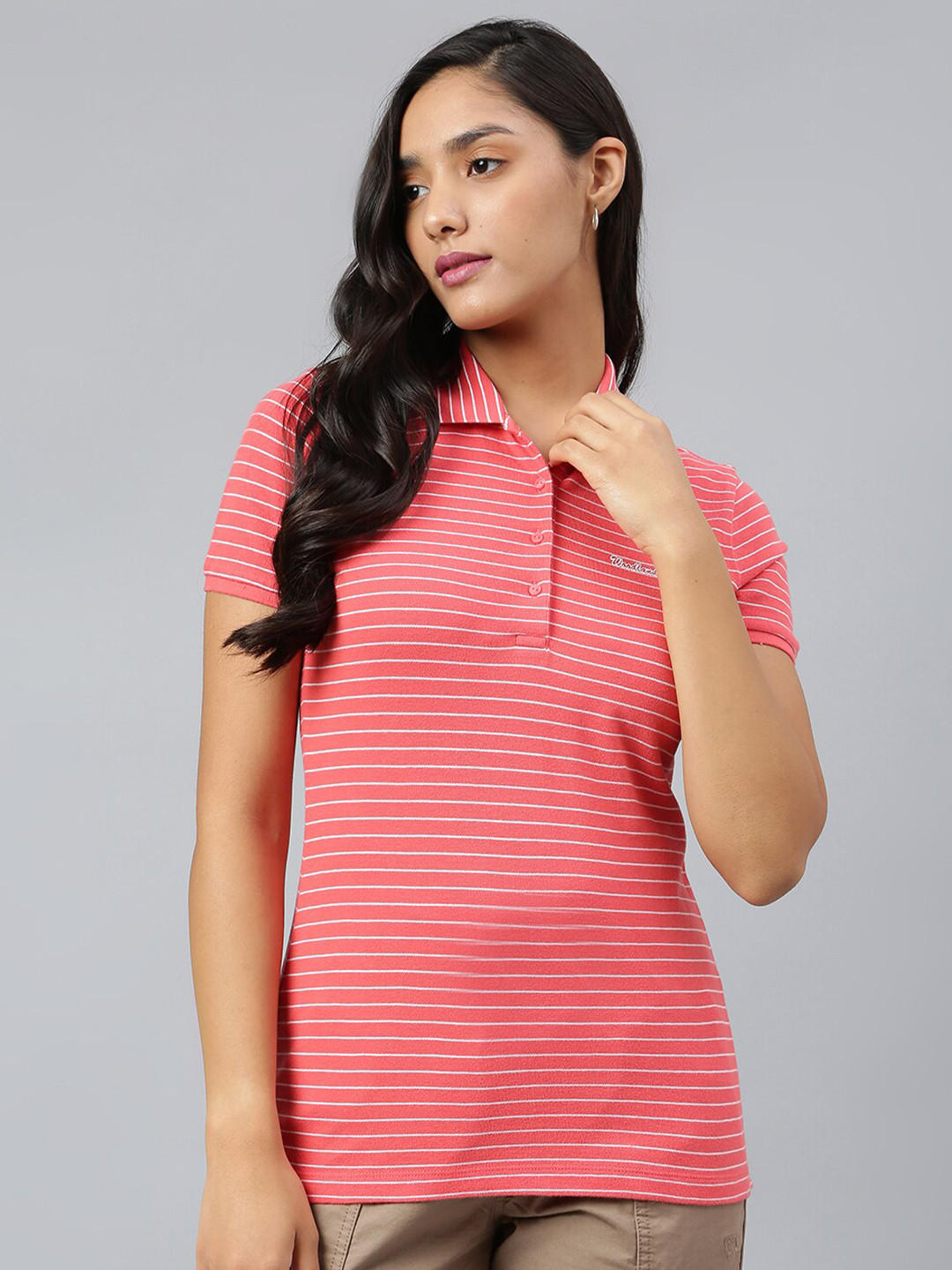 Woods Women Orange Striped Polo Collar T-shirt