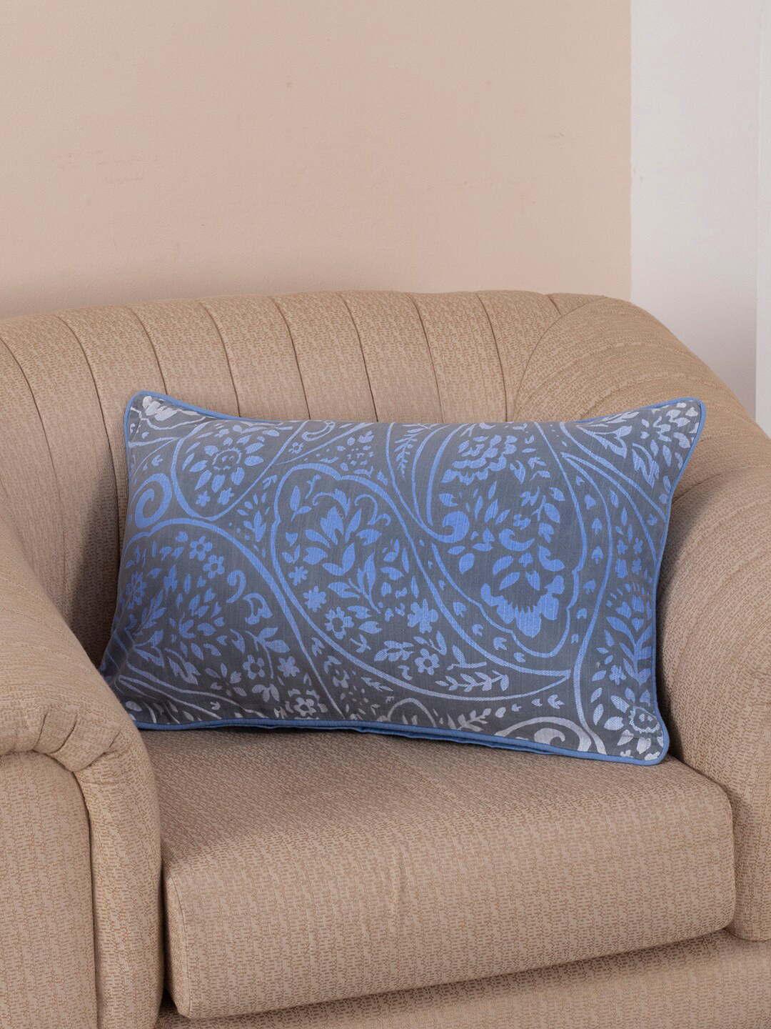 MASPAR Blue Floral Cotton Breathable Rectangle Cushion Cover -14x24In