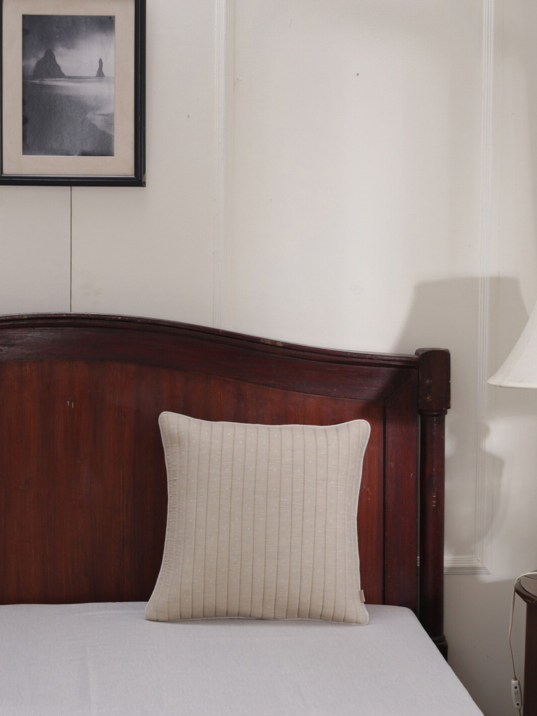 MASPAR Beige Striped Polyester Silk Quilted Textured Square Cushion Cover -18x18In