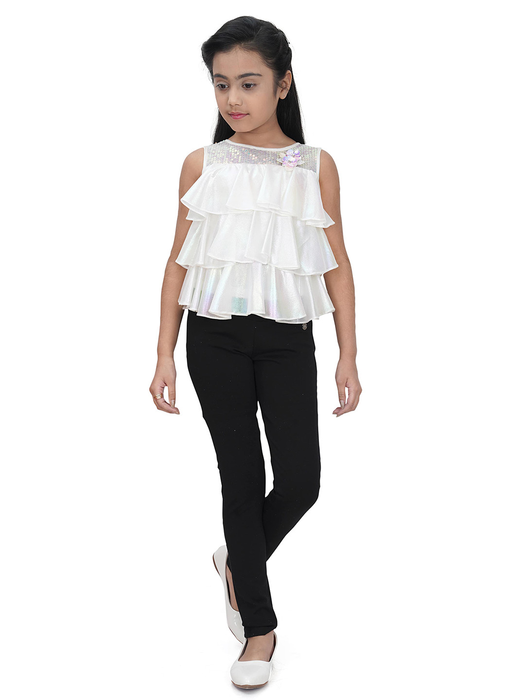 Tiny Girl White & light cyan Tiered Top