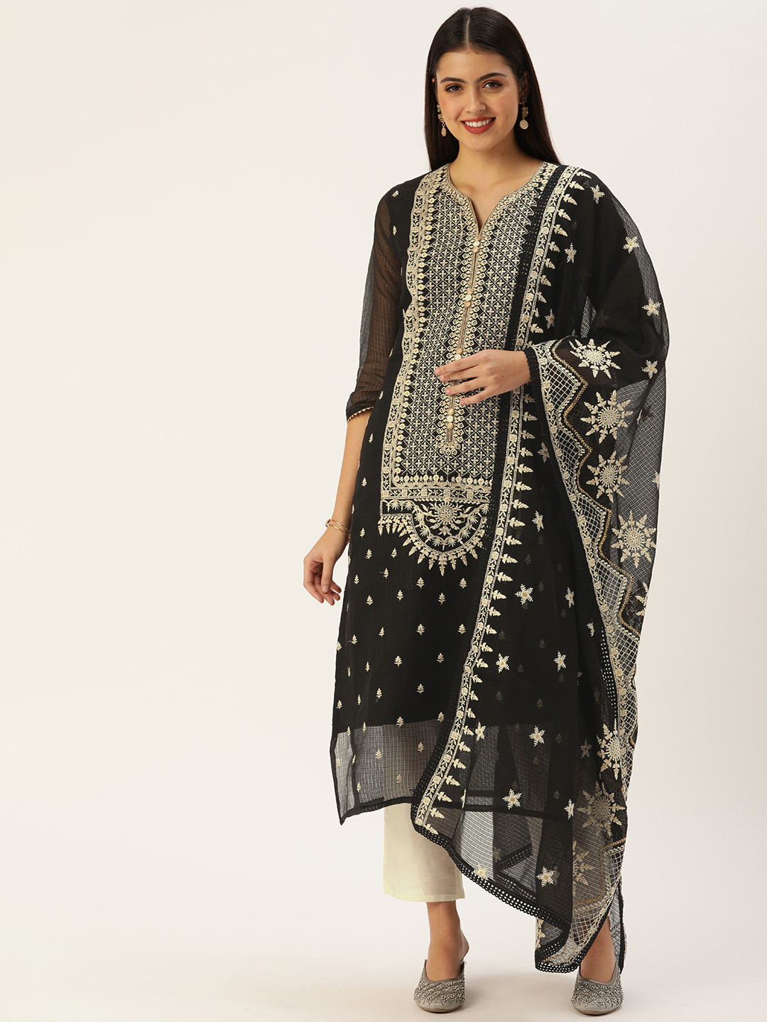 SWAGG INDIA Women Black Ethnic Motifs Embroidered Kurta with Trousers & With Dupatta