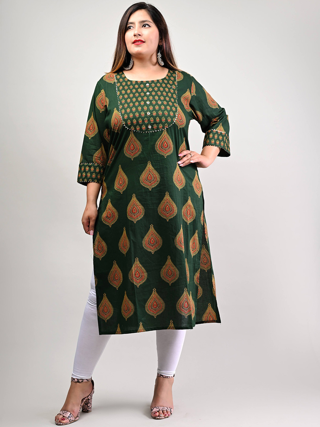Swasti Women Green & eerie black Ethnic Motifs Printed Flared Sleeves Mirror Work Floral Kurta