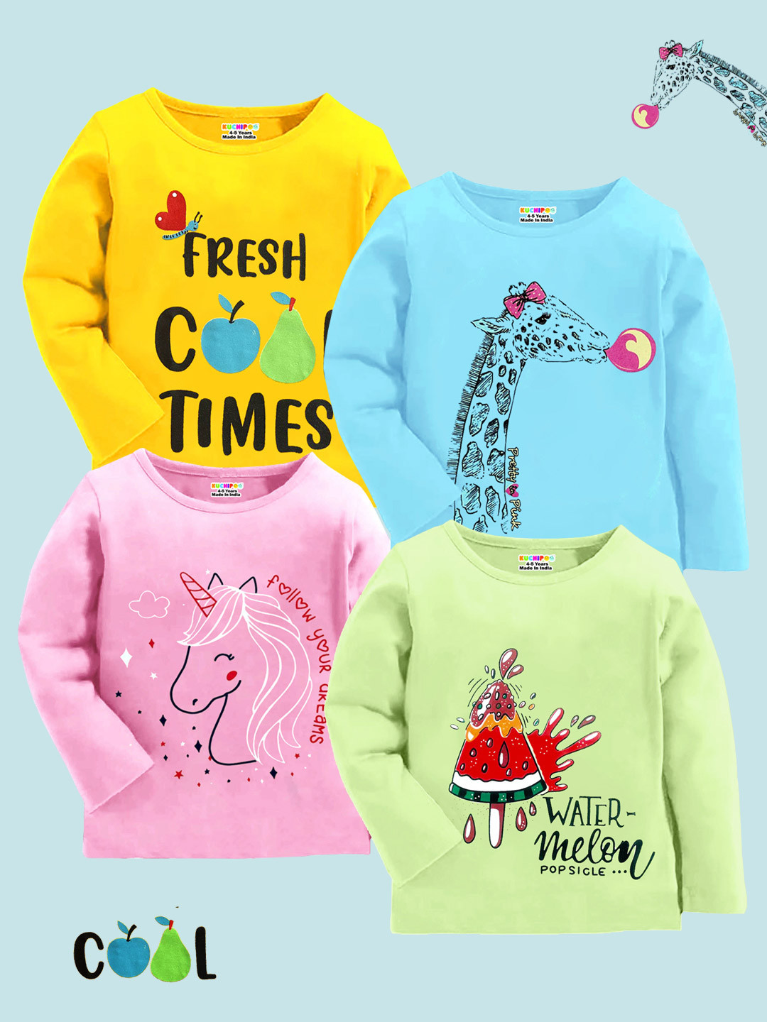 KUCHIPOO Girls Multicoloured & mango 4 Printed Applique T-shirt