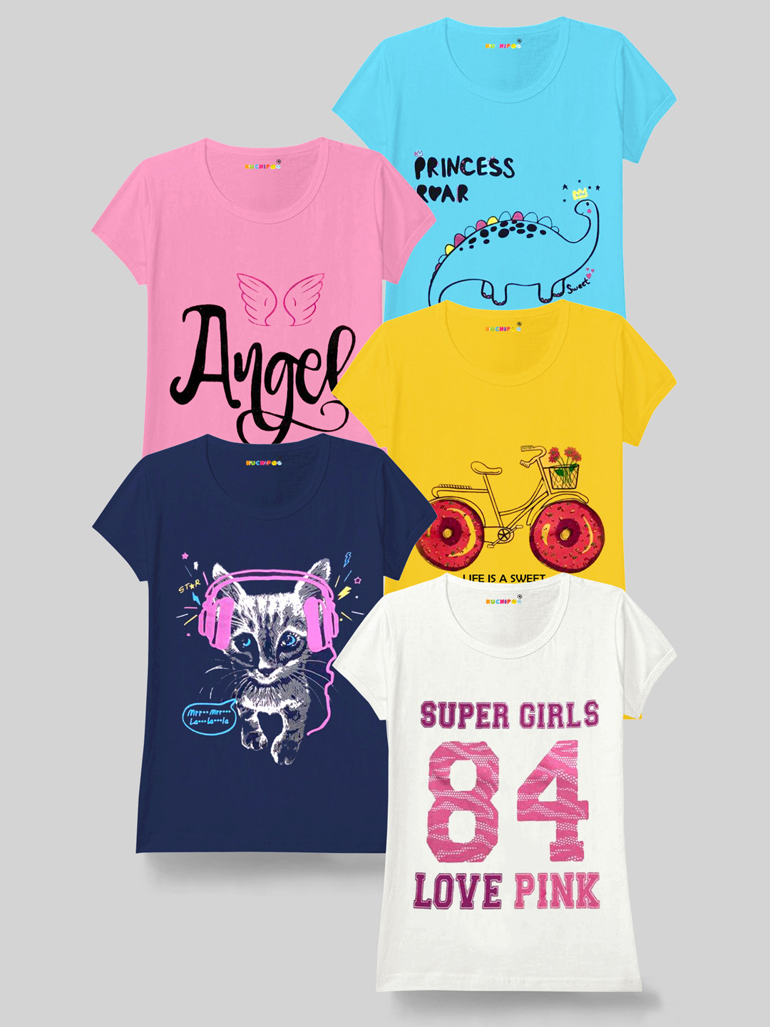 KUCHIPOO Girls Multicoloured & bachelor button Typography 5 Printed V-Neck Applique T-shirt