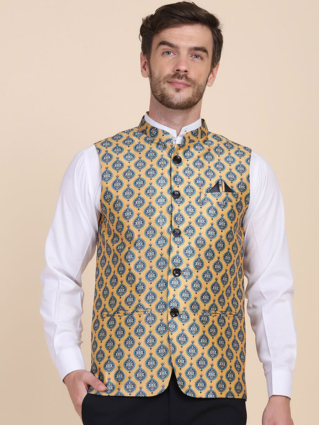 TAHVO Men Yellow & Blue Printed Satin Nehru Jacket