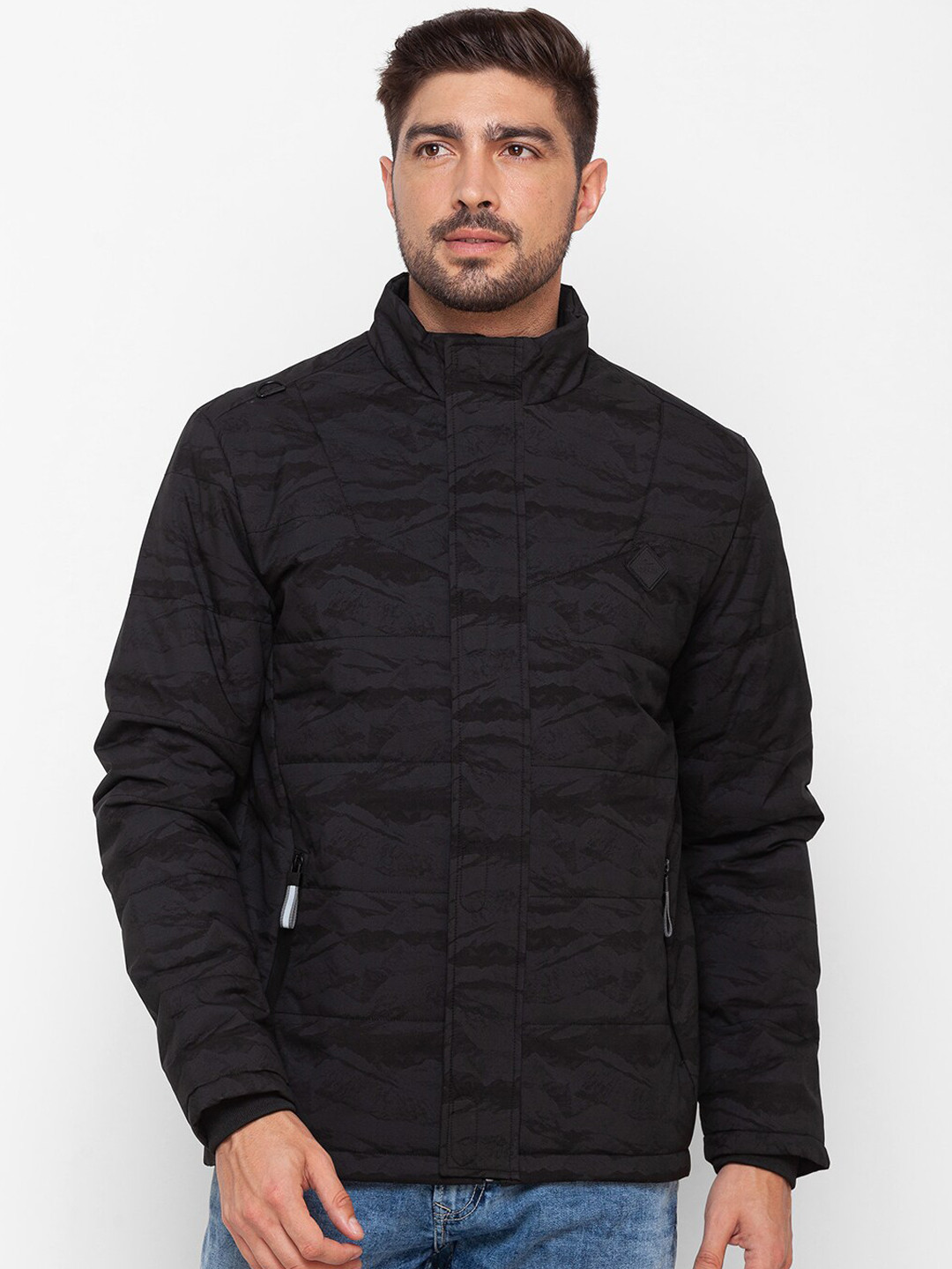 SPYKAR Men Black Camouflage Open Front Jacket
