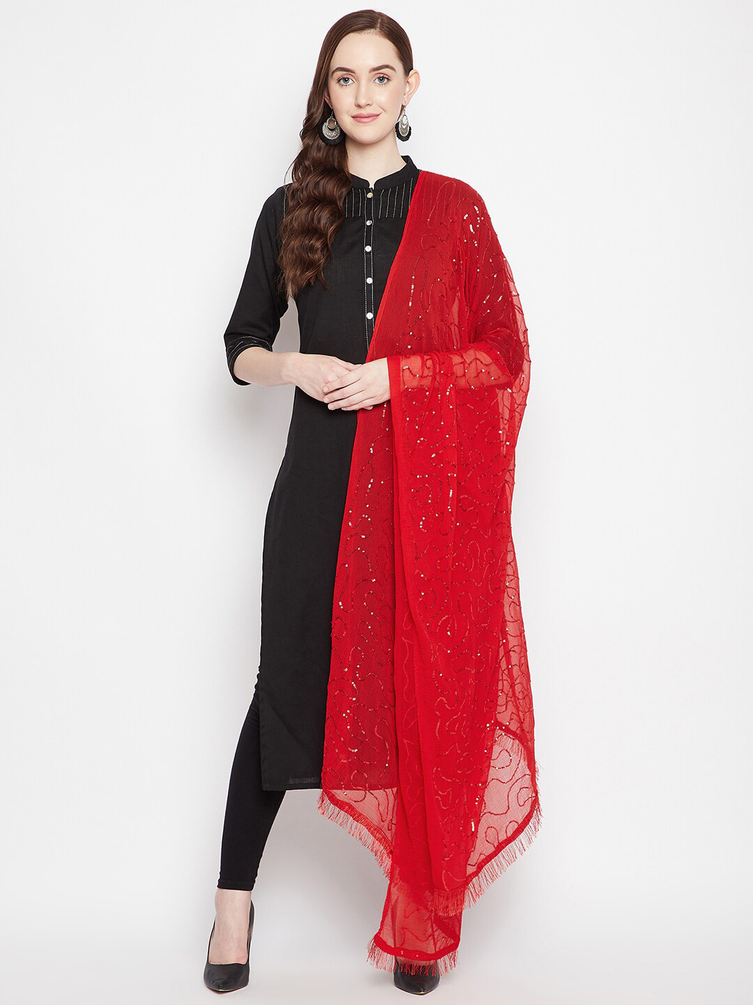 Clora Creation Red Embroidered Dupatta with Sequinned