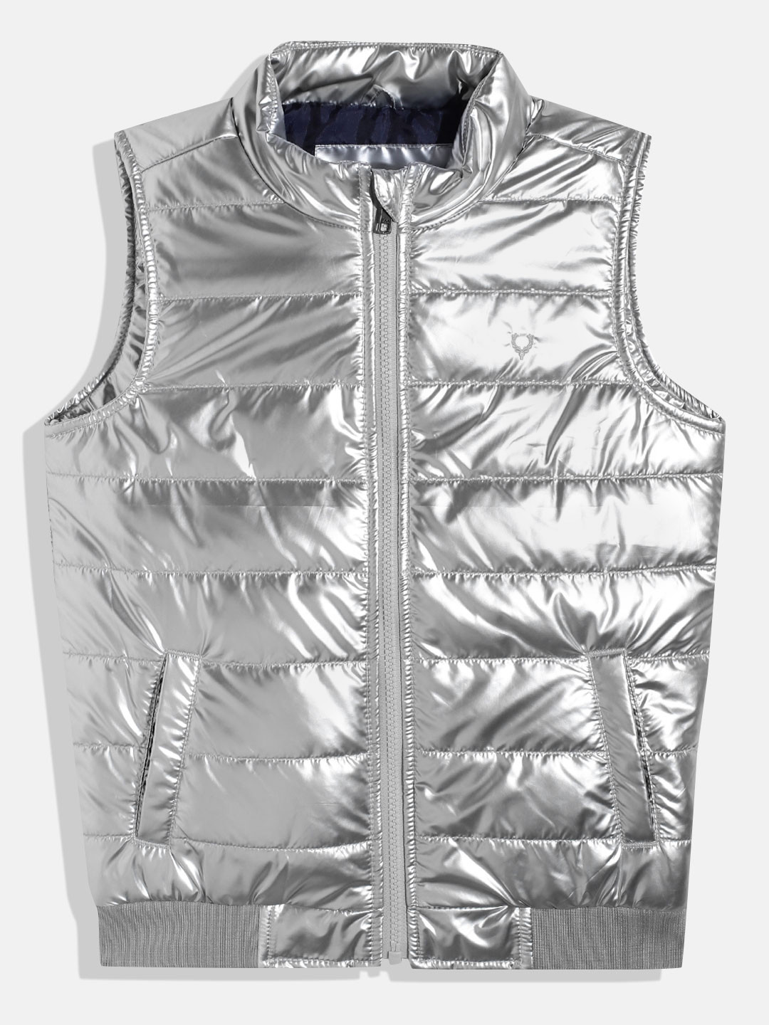 Allen Solly Junior Boys Silver-Toned Mock Collar Sleeveless Padded Jacket