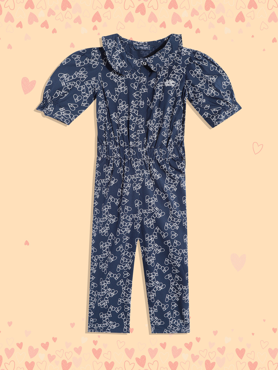 Allen Solly Junior Girls Navy Blue & White Conversational Print Cotton Basic Jumpsuit