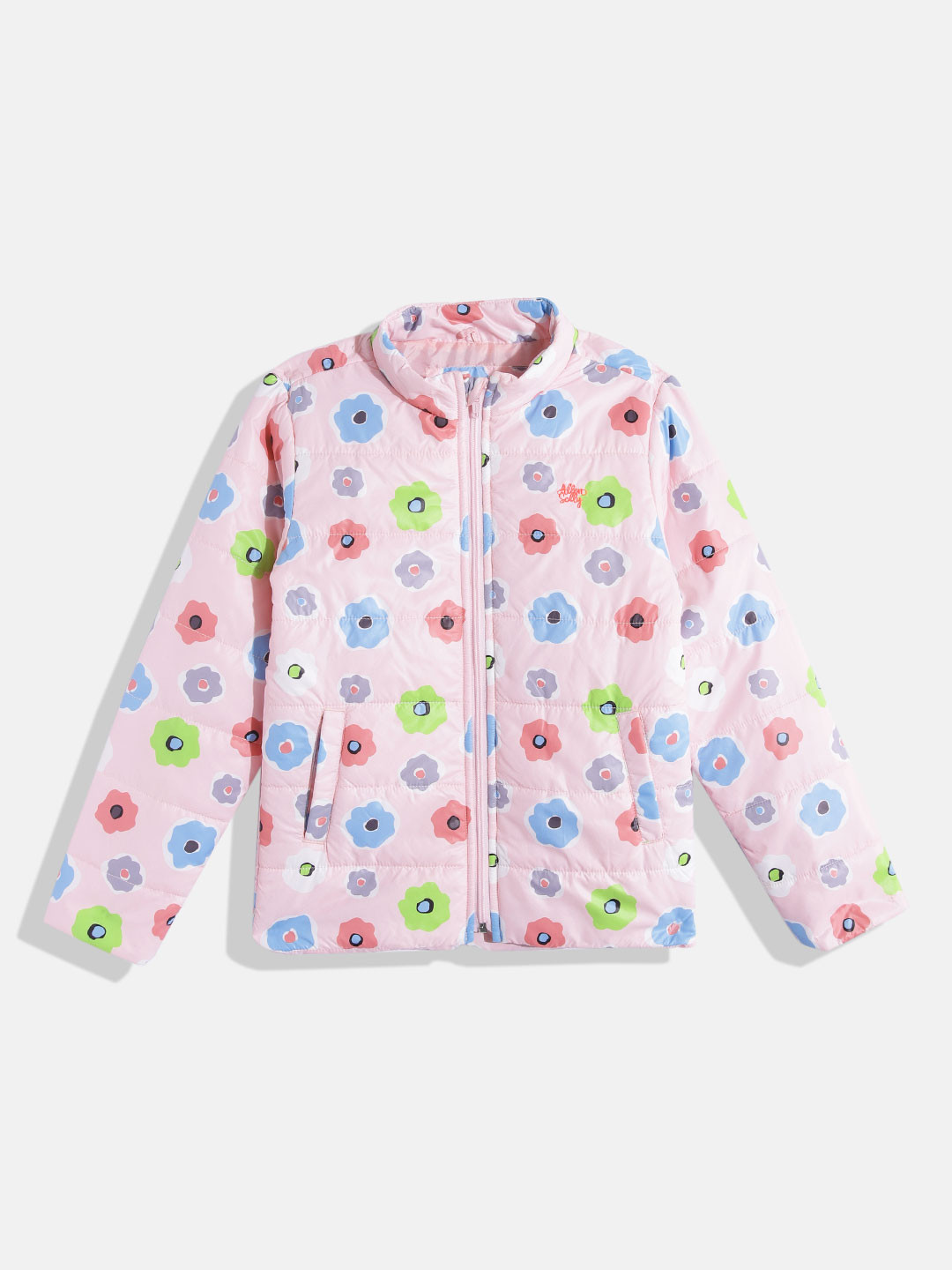 Allen Solly Junior Girls Peach-Coloured & Blue Floral Print Mock Collar Padded Jacket