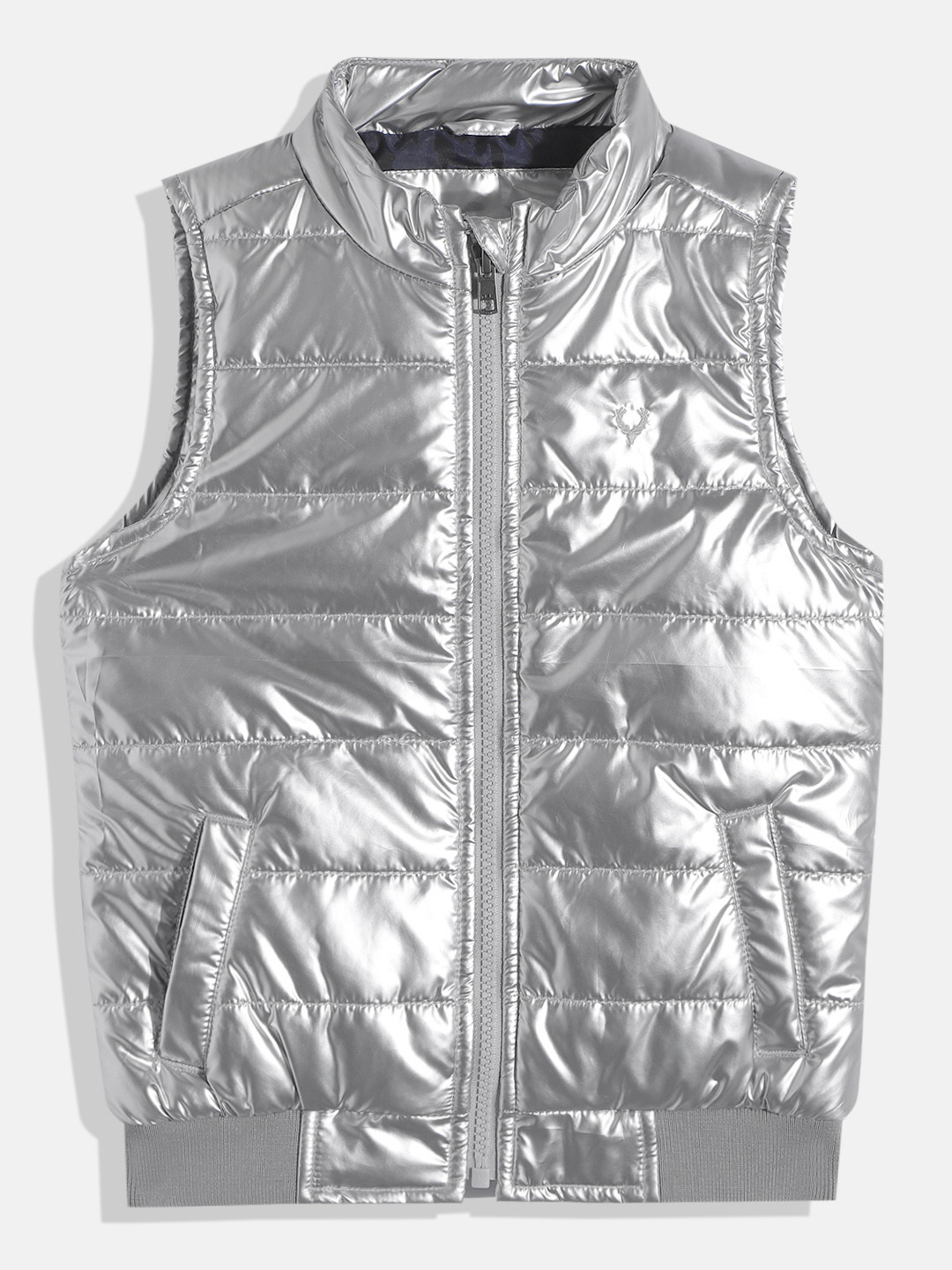 Allen Solly Junior Boys Silver-Toned Solid Mock Collar Bomber Jacket