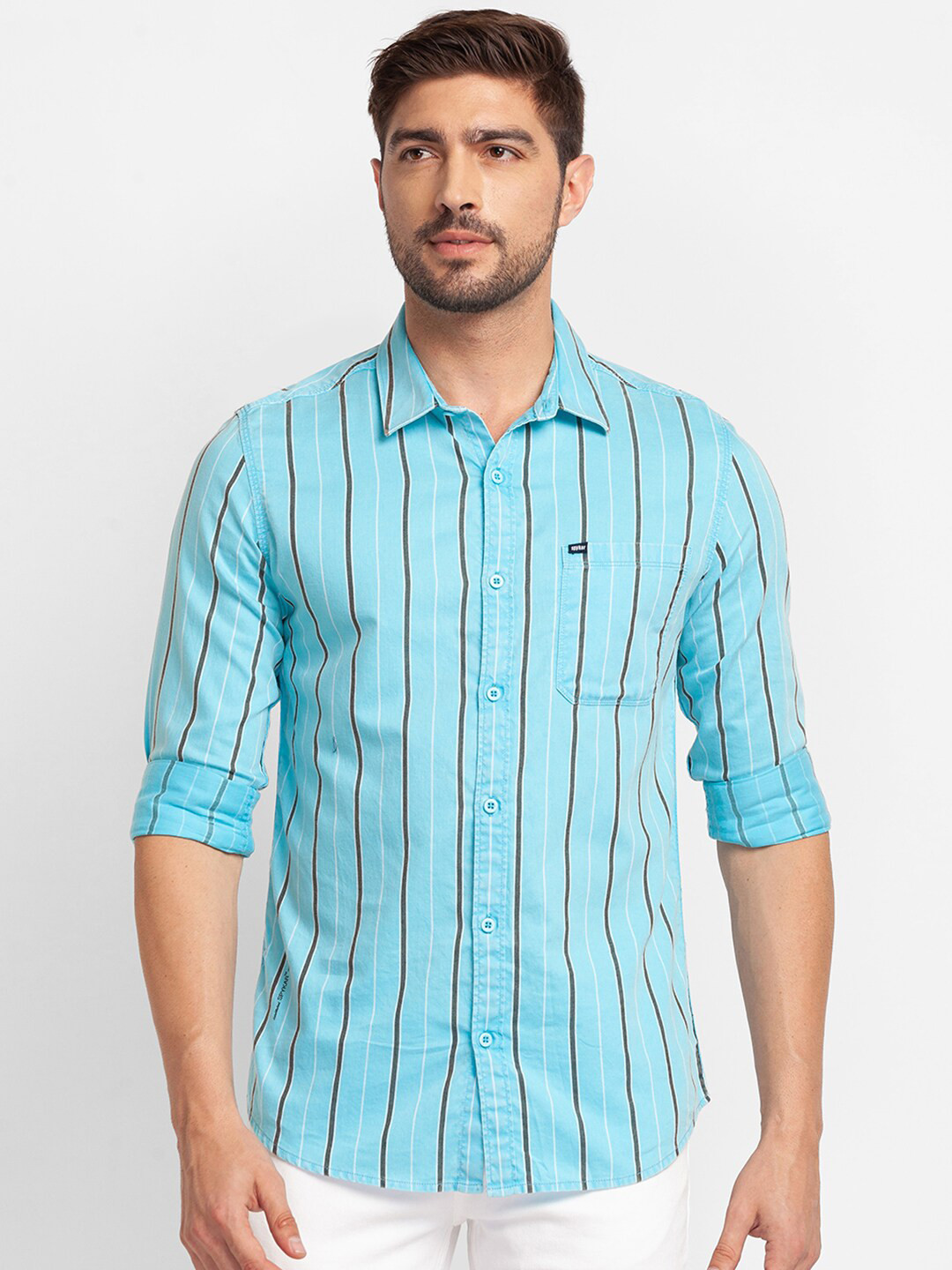 SPYKAR Men Blue Slim Fit Striped Casual Shirt