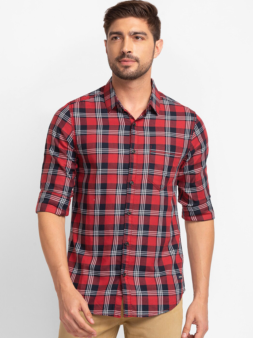 SPYKAR Men Red Slim Fit Checked Casual Shirt