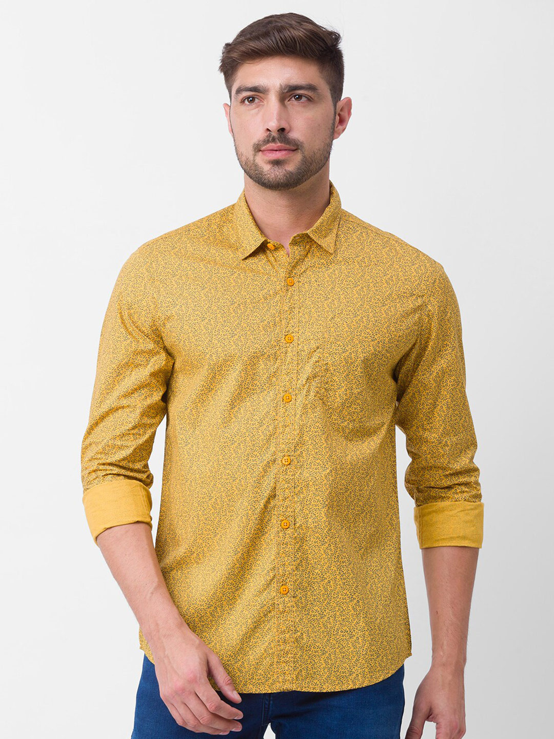 SPYKAR Men Yellow Slim Fit Printed Casual Shirt