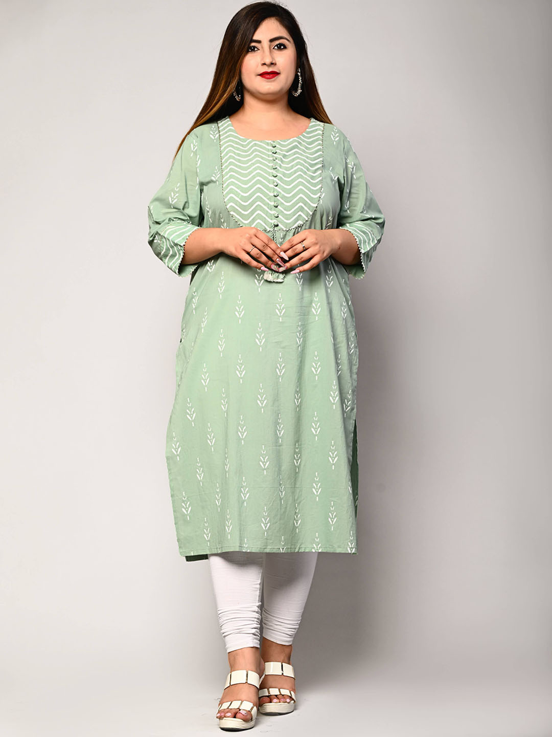 Swasti Women Green & seacrest Geometric Embroidered Floral Pathani Kurta