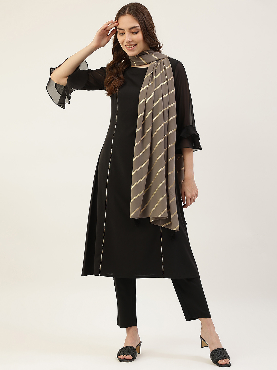 FIORRA Women Black Panelled Kurti with Trousers & With Dupatta