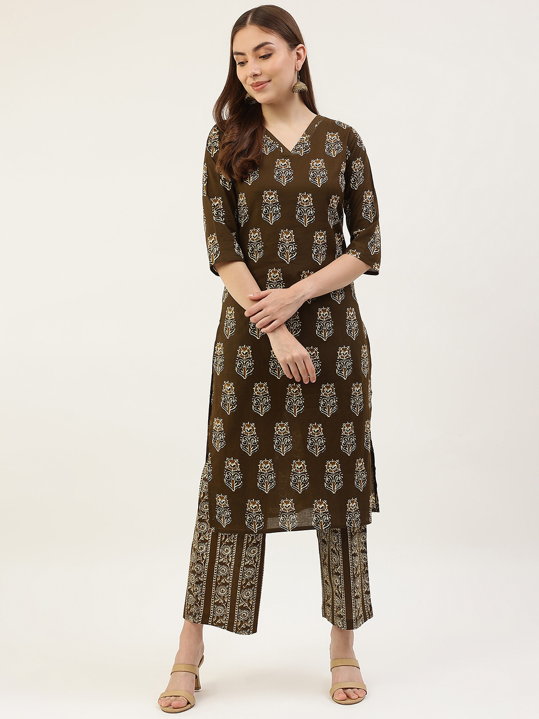 FIORRA Women Brown Floral Printed Pure Cotton Kurti with Trousers