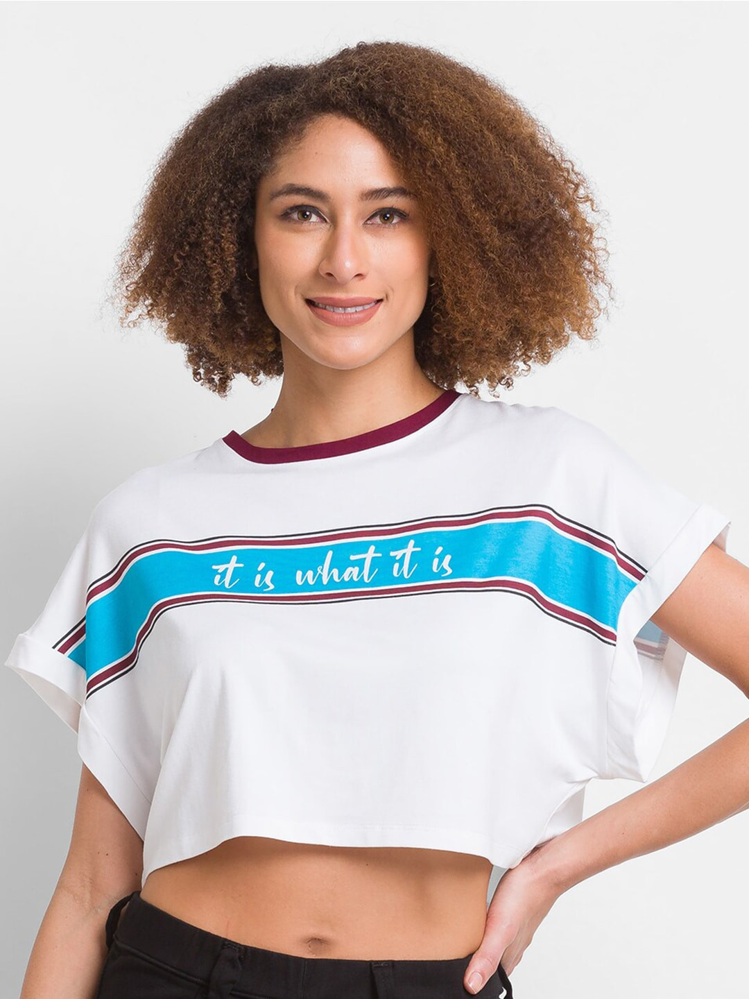 SPYKAR Women White Striped Extended Sleeves Slim Fit T-shirt