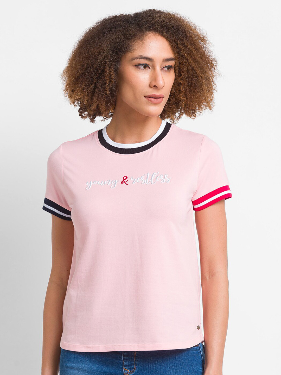 SPYKAR Women Pink Typography Applique T-shirt