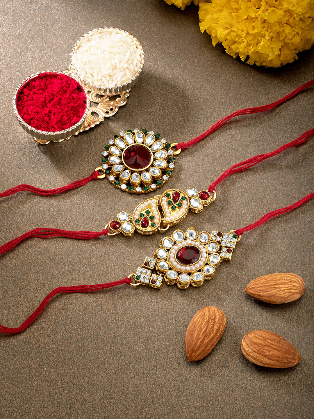 Peora Set Of 3 Red Kundan StuddedRaksha Bandhan Rakhi with Chawal Roli Greeting Card