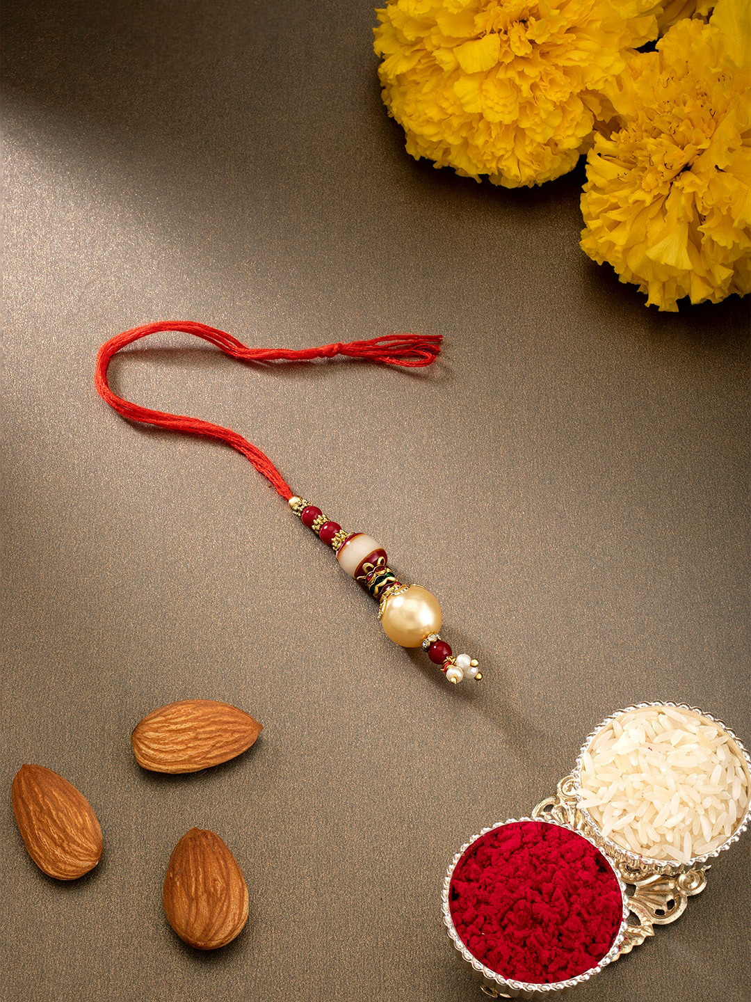 Peora Lumba Red & Gold-Toned Beaded Dangling Rakhi