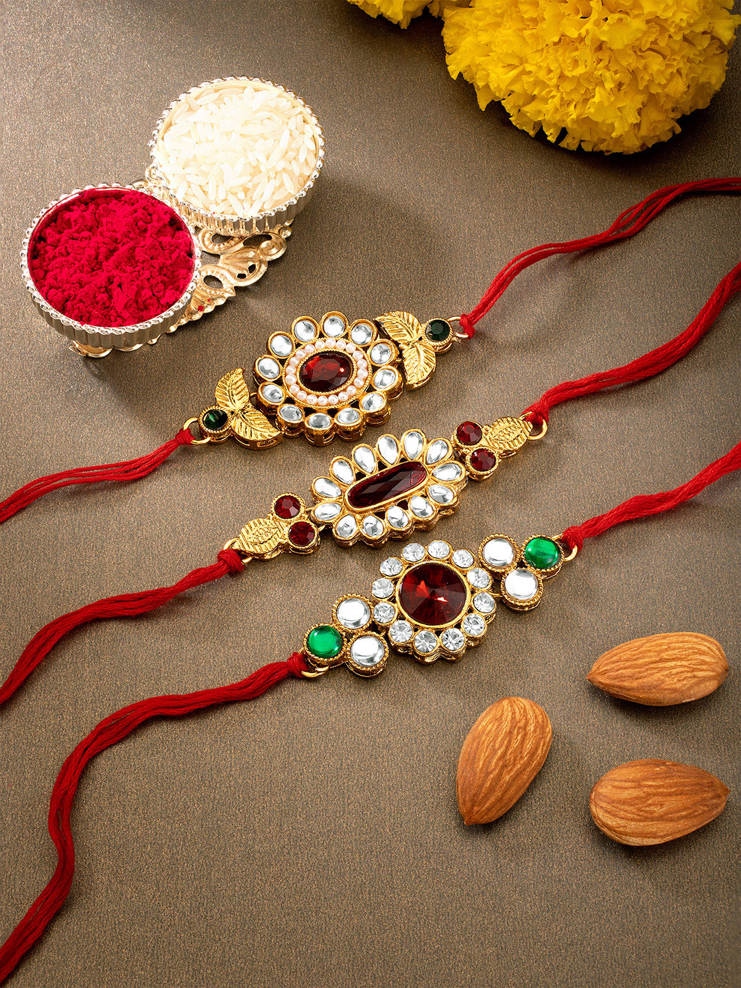 Peora Men Set of 3 Kundan Beaded Rakhi with Greeting Card