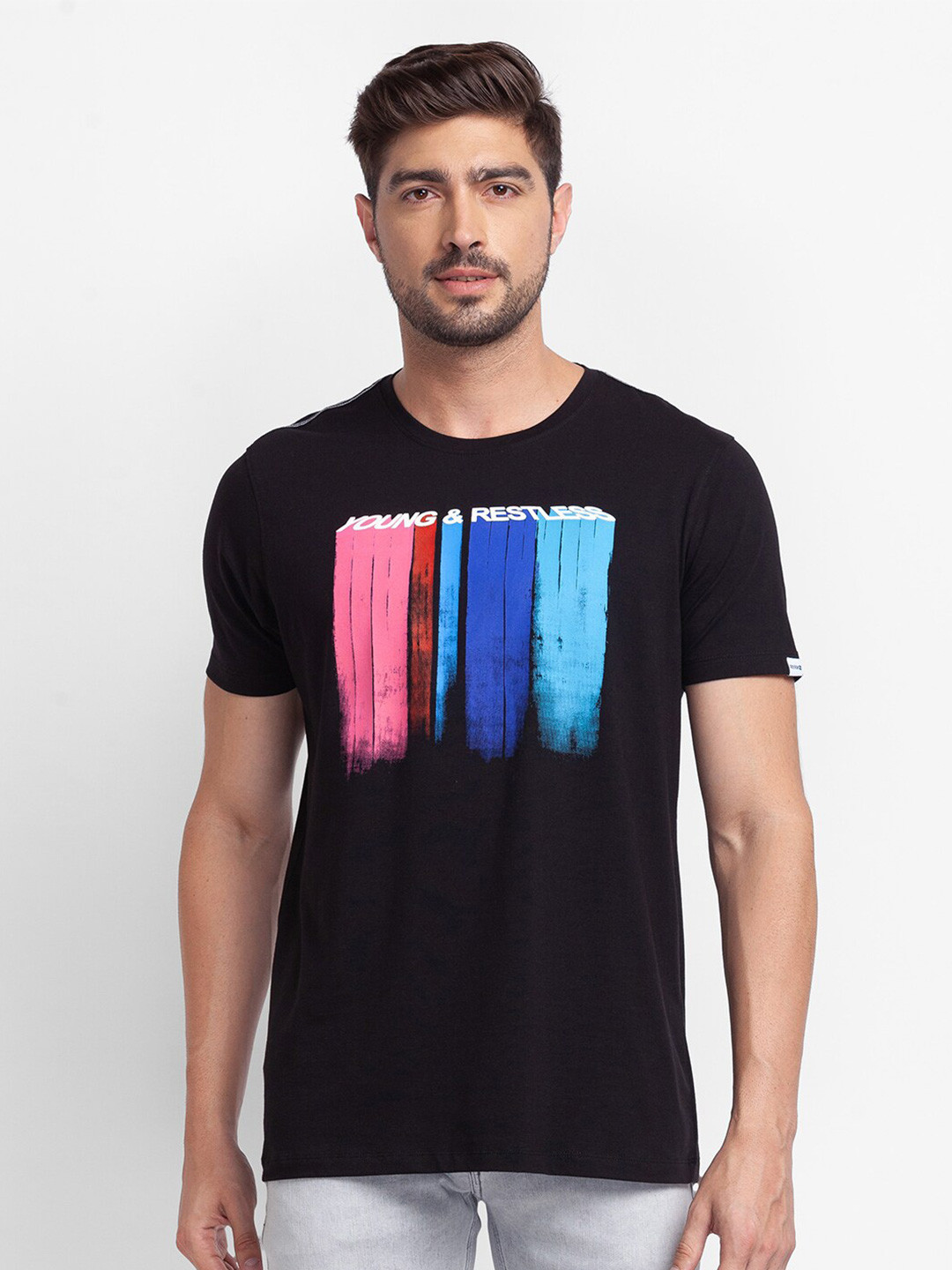 SPYKAR Men Black & french middle red purple Printed Slim Fit T-shirt