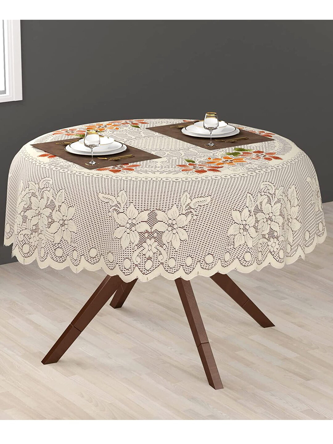 WEAVERS VILLA Beige Self-Design 2-Seater Round Table Cover