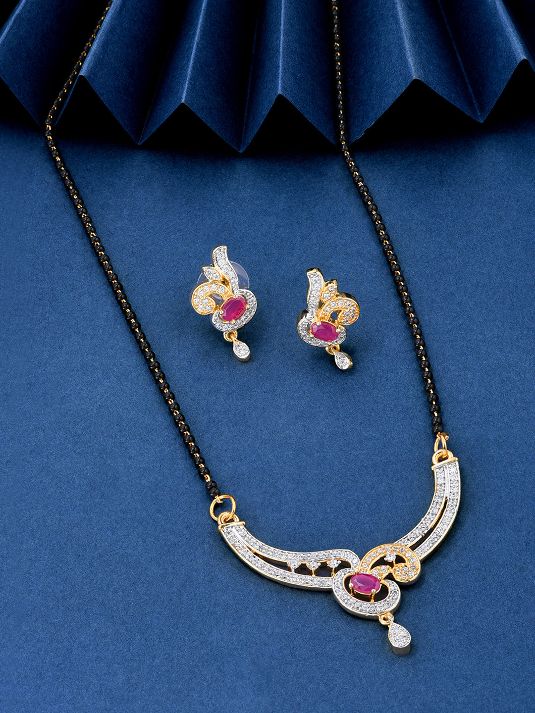 Fida Women Gold-Plated Black & Pink Floral Design AD Studded Mangalsutra & Earrings