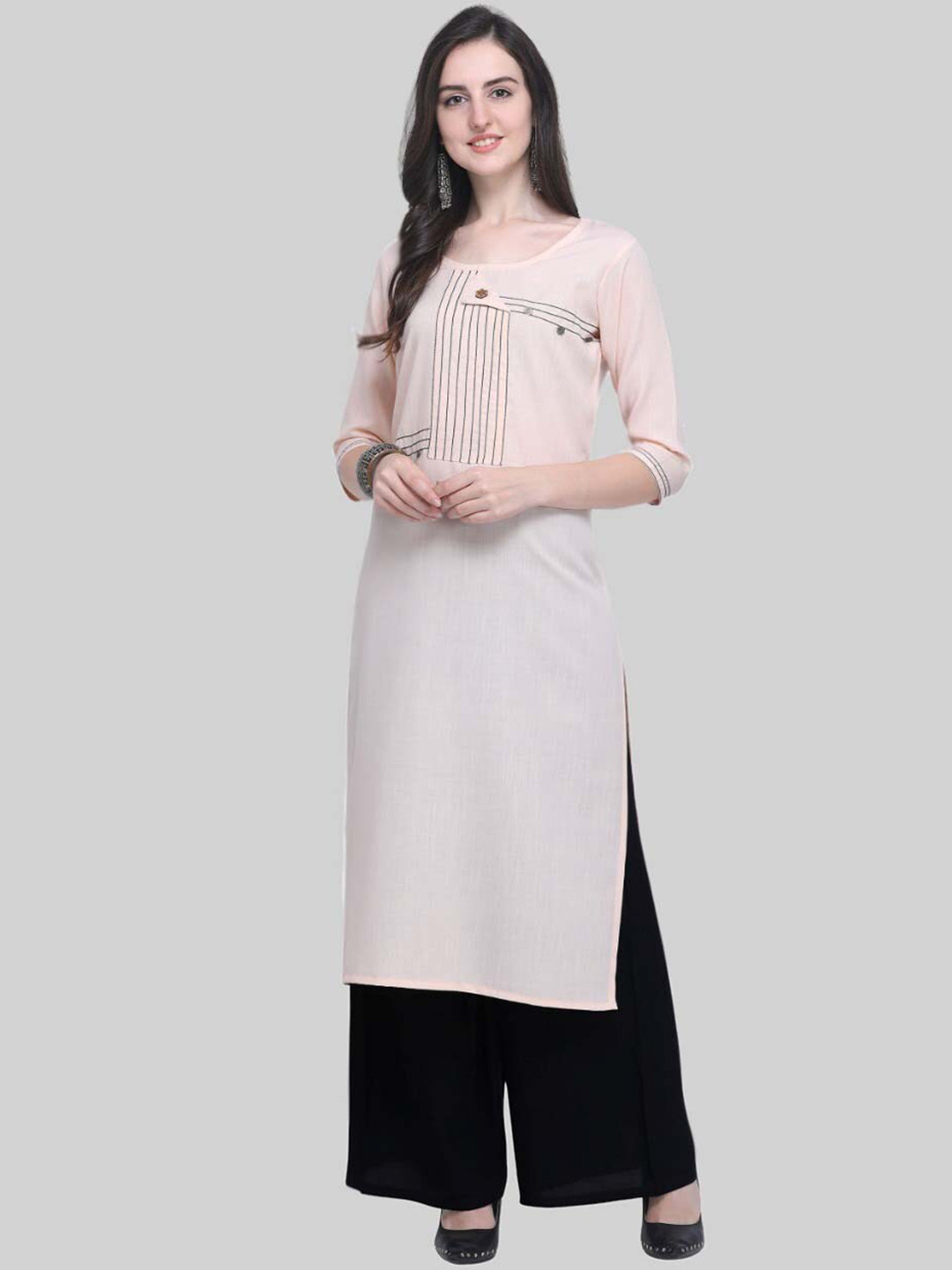 SAPTRANGI Women Peach-Coloured Embroidered Thread Work Kurti with Palazzos