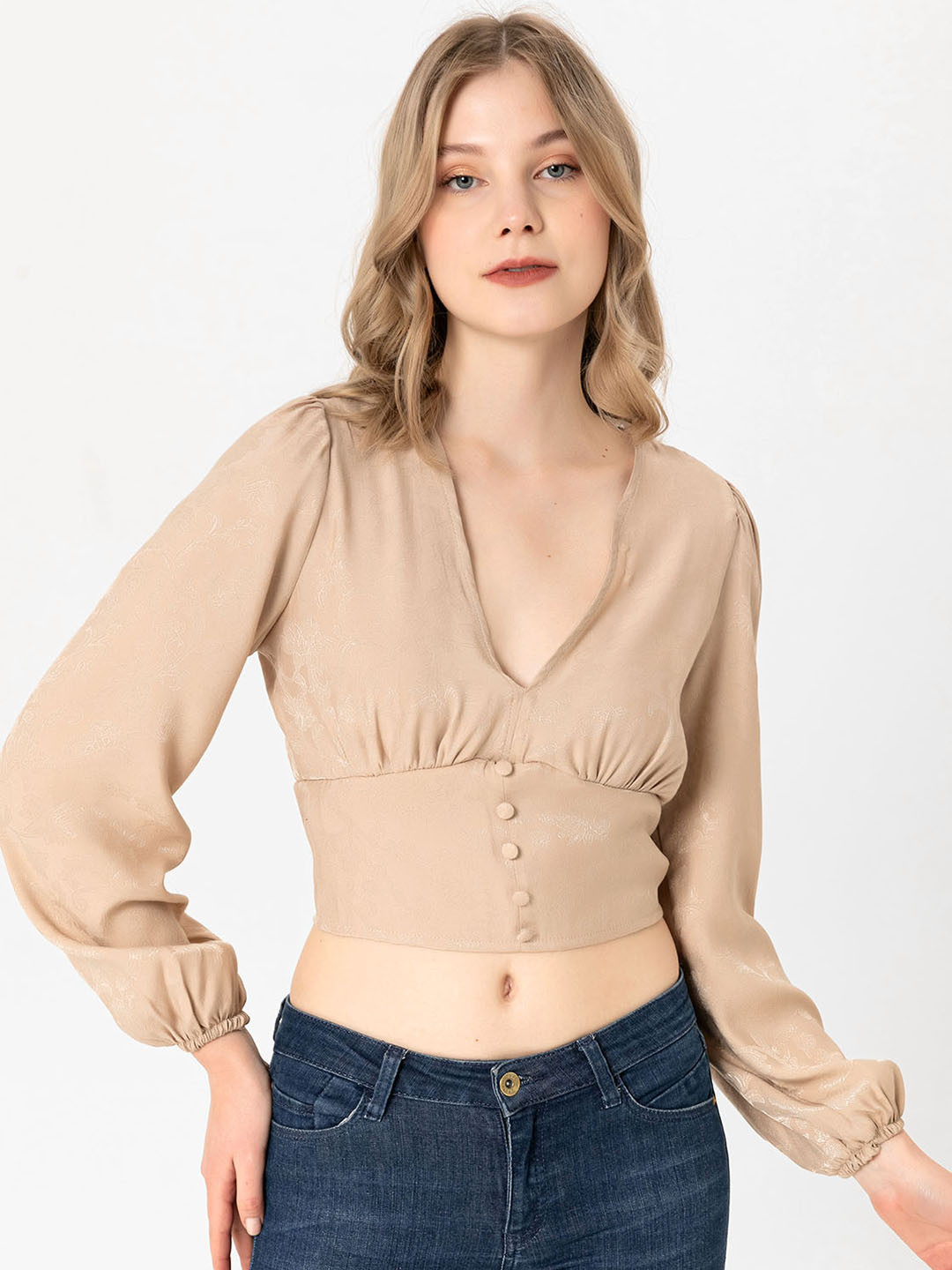 busem Beige Floral Self Design Empire Crop Top