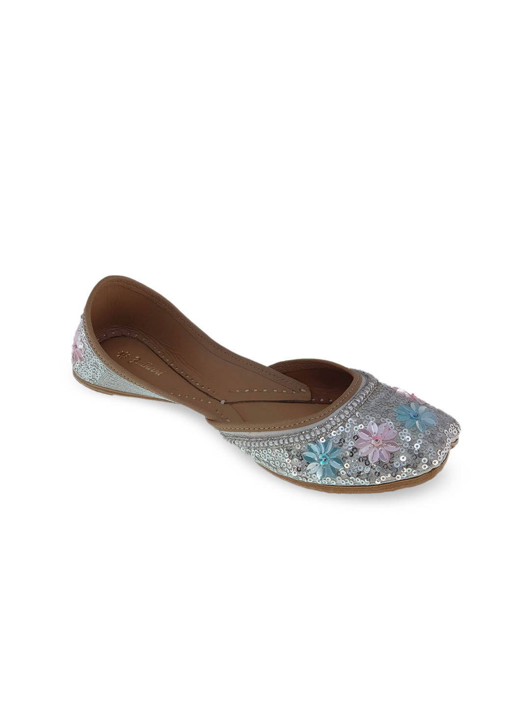 Fulkari Women Silver-Toned Printed Ethnic Mojaris Flats