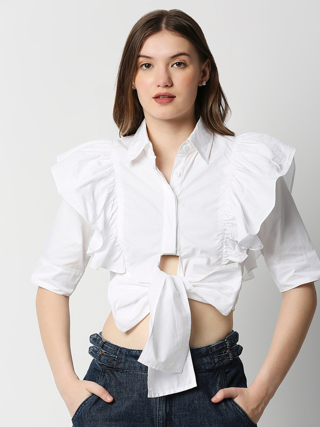 Remanika White & magnolia Shirt Style Crop Top