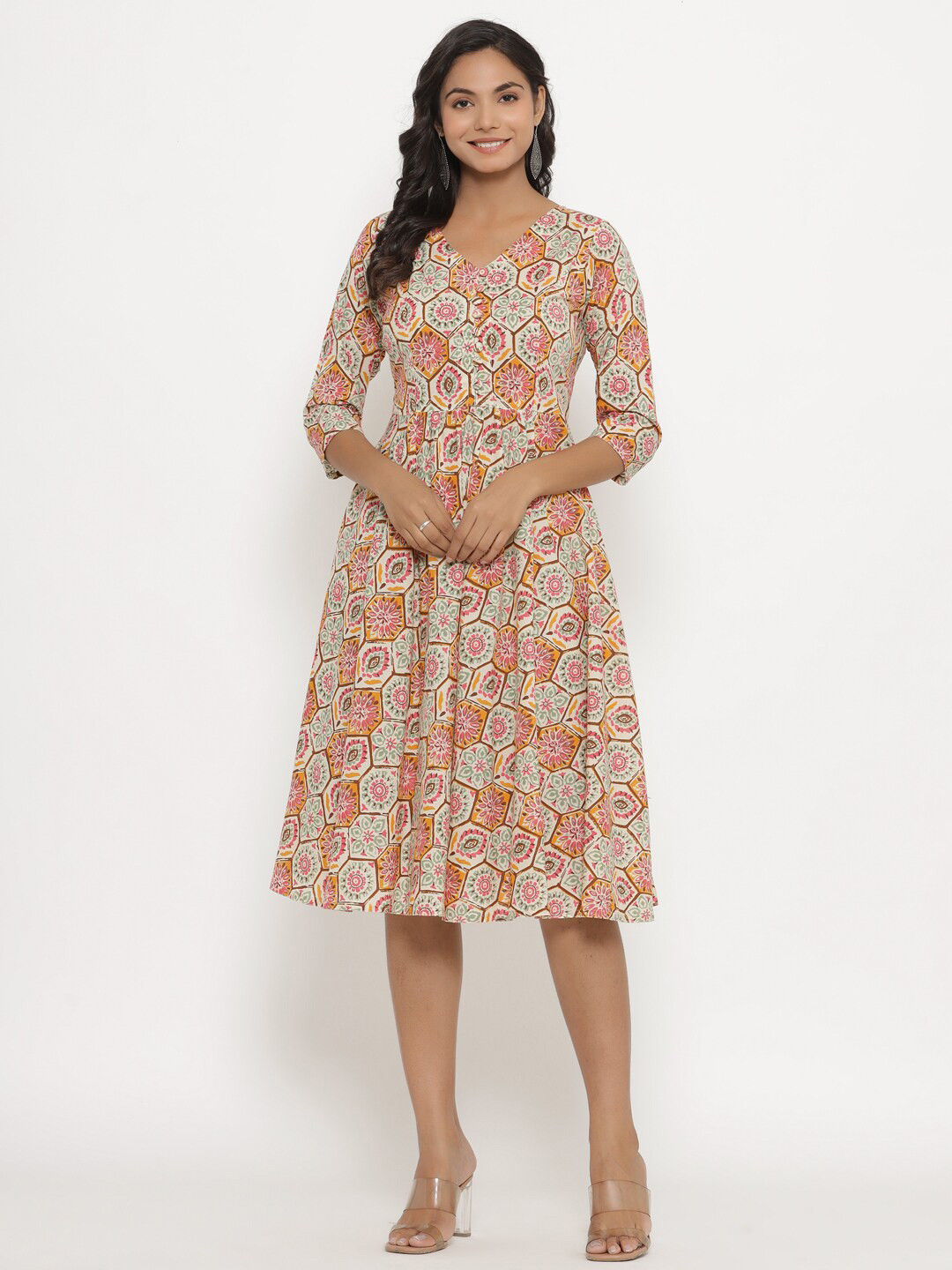 CRAFIQA Cream-Coloured Floral Dress
