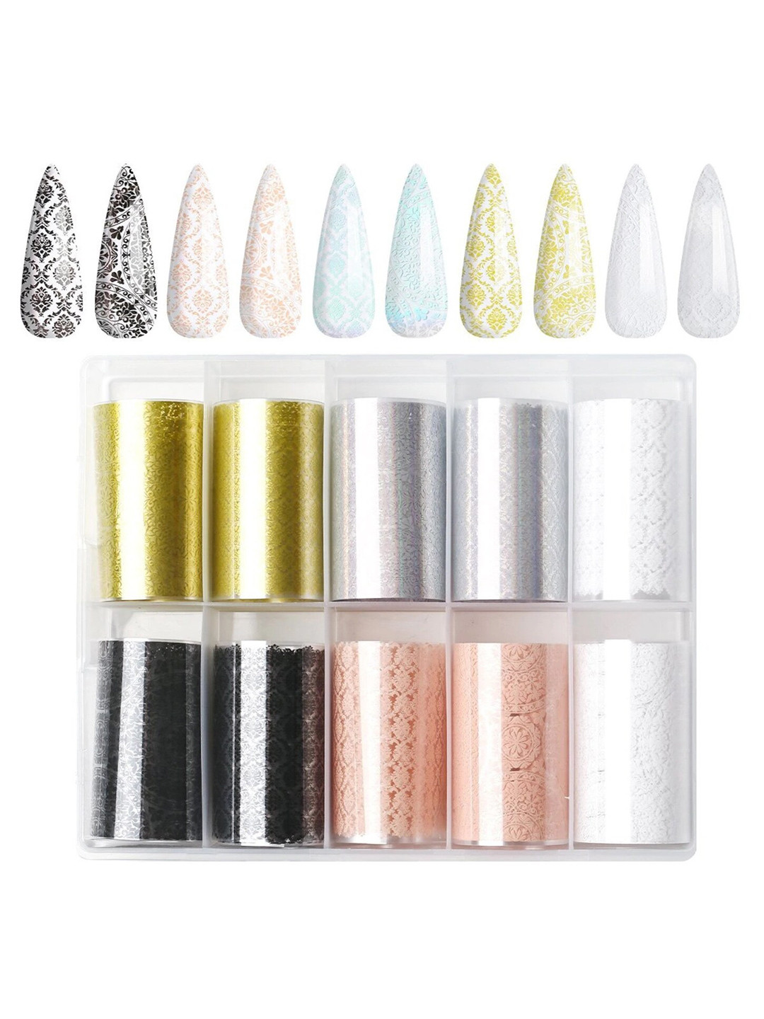 Modelones Set of 10 Nail Foil Transfer Sticker Strips - Vintage Lace