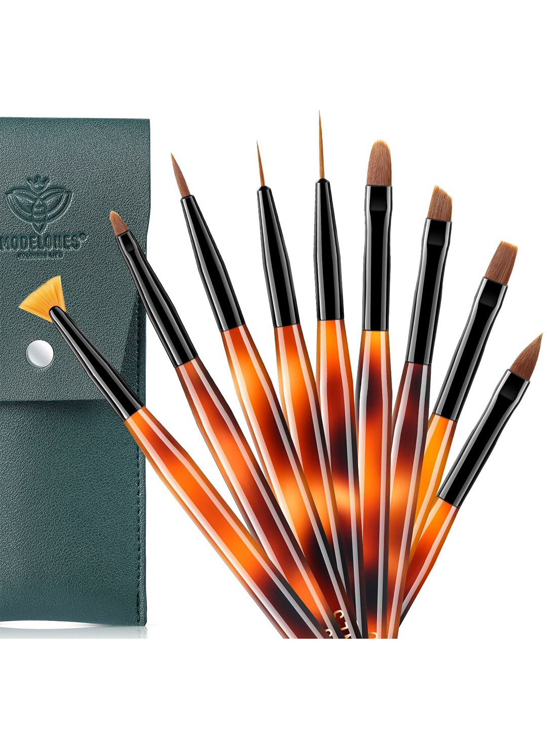 Modelones Set of 9 Amber Nail Art Brushes Set with Storage Pouch