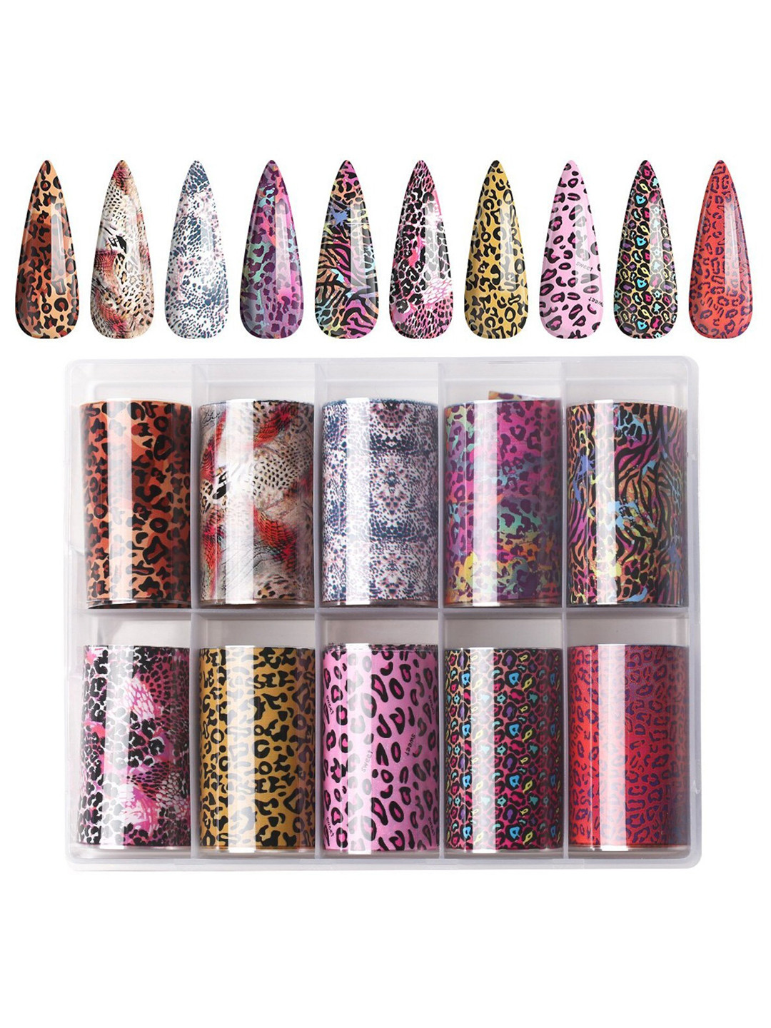 Modelones Set of 10 Nail Foil Transfer Sticker Strips - Pink Cheetah