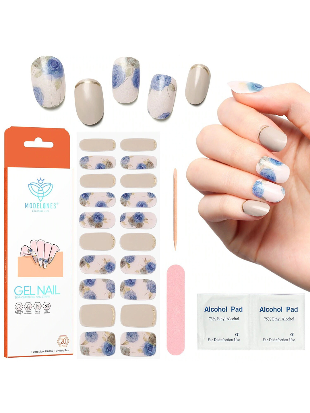 Modelones 20Pc Semi-Cured Gel Nail Strips Sticker with Wood Stick & Nail File- Rose Garden