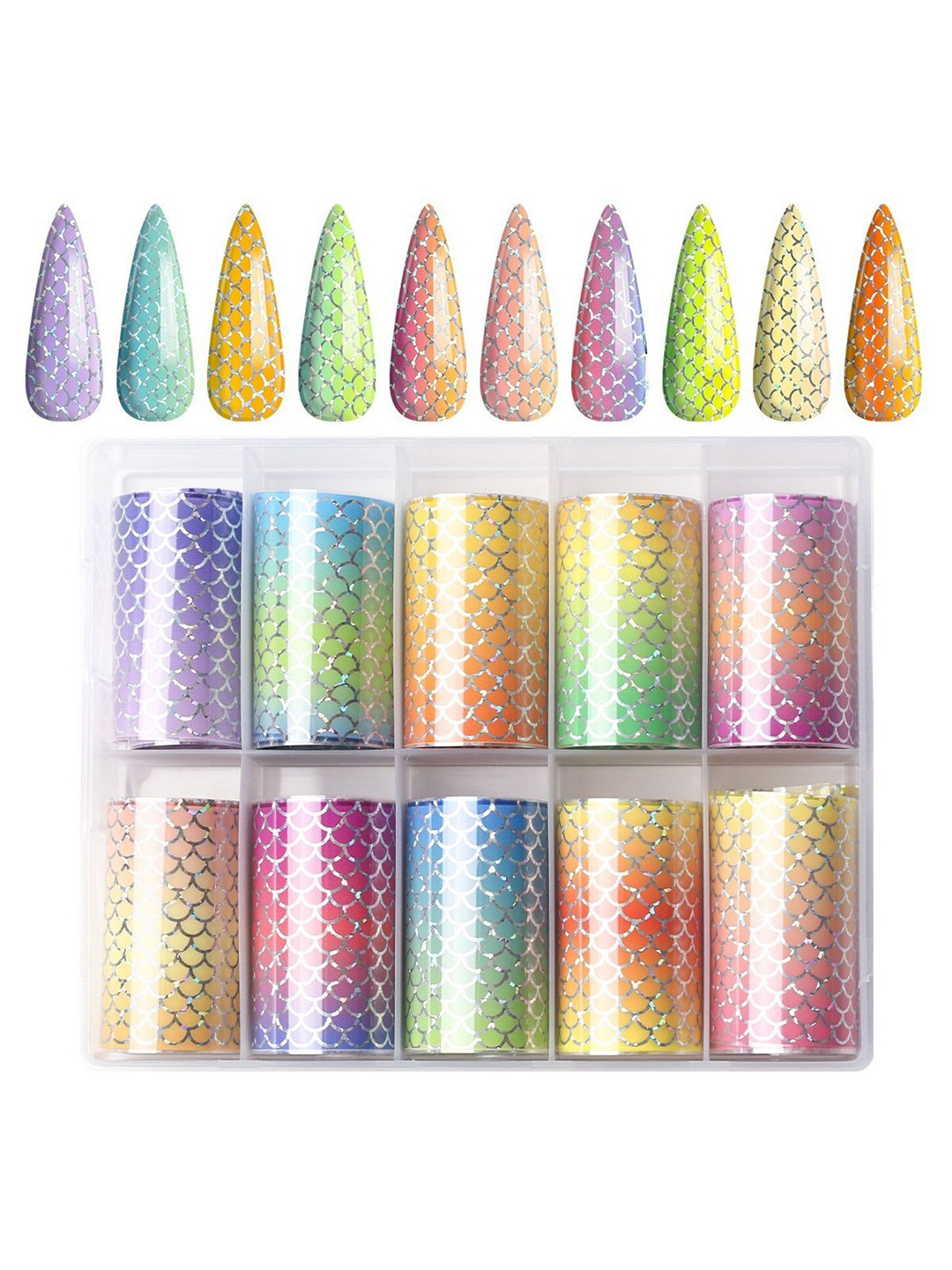 Modelones Set of 10 Nail Foil Transfer Sticker Strips - Multicolored Mermaid