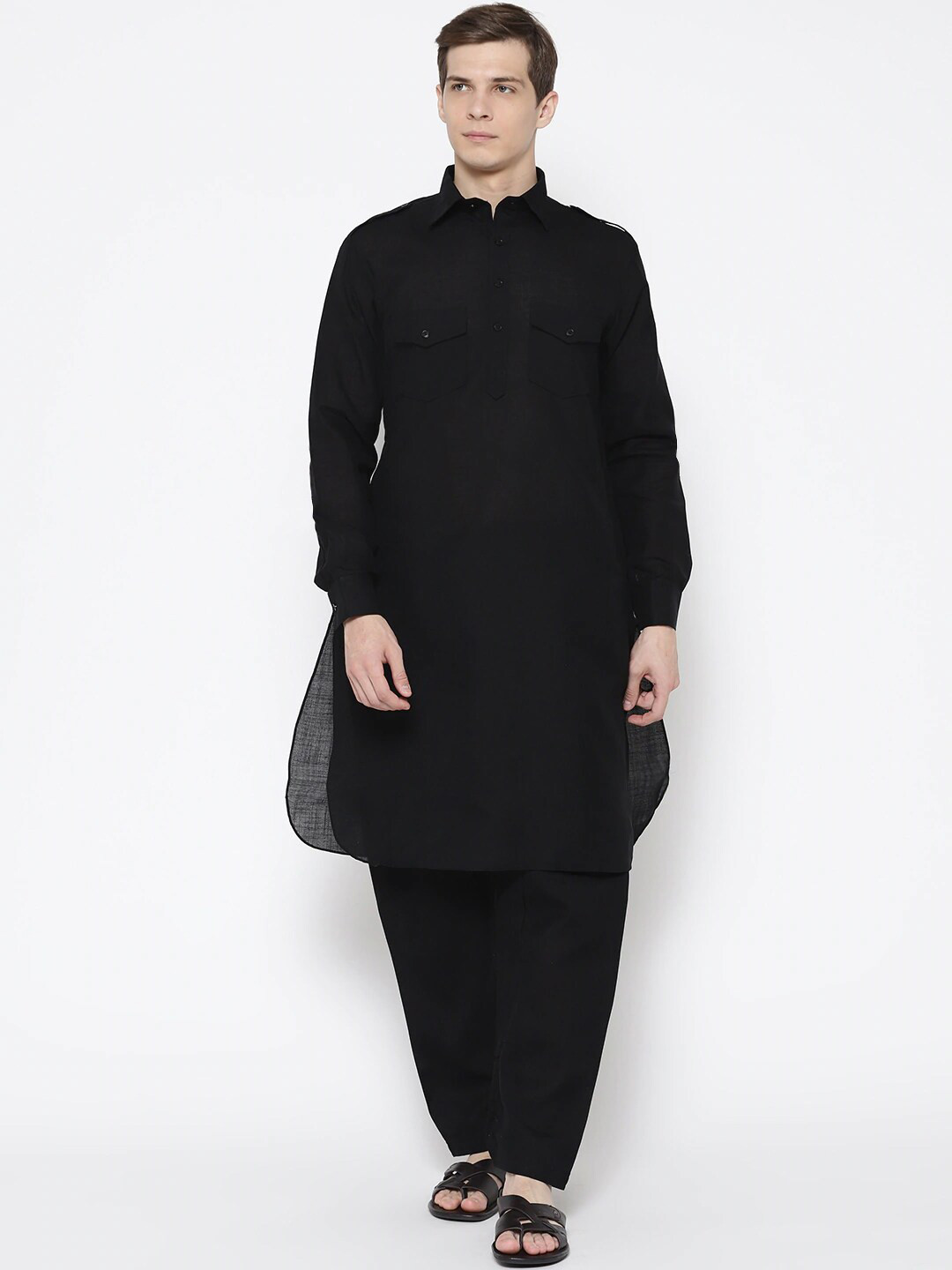 SG LEMAN Men Black Angrakha Kurta with Salwar