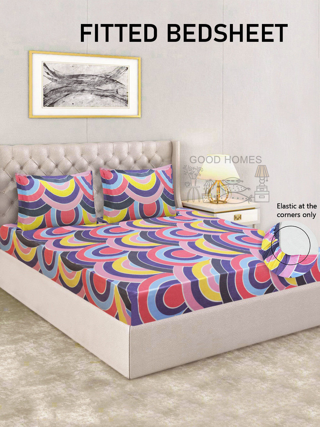 Good Homes by Home Candy Blue Graphic Microfiber 144 TC Fitted Queen Superfine Bedsheet with 2 Pillow Covers-88 x 80 inches