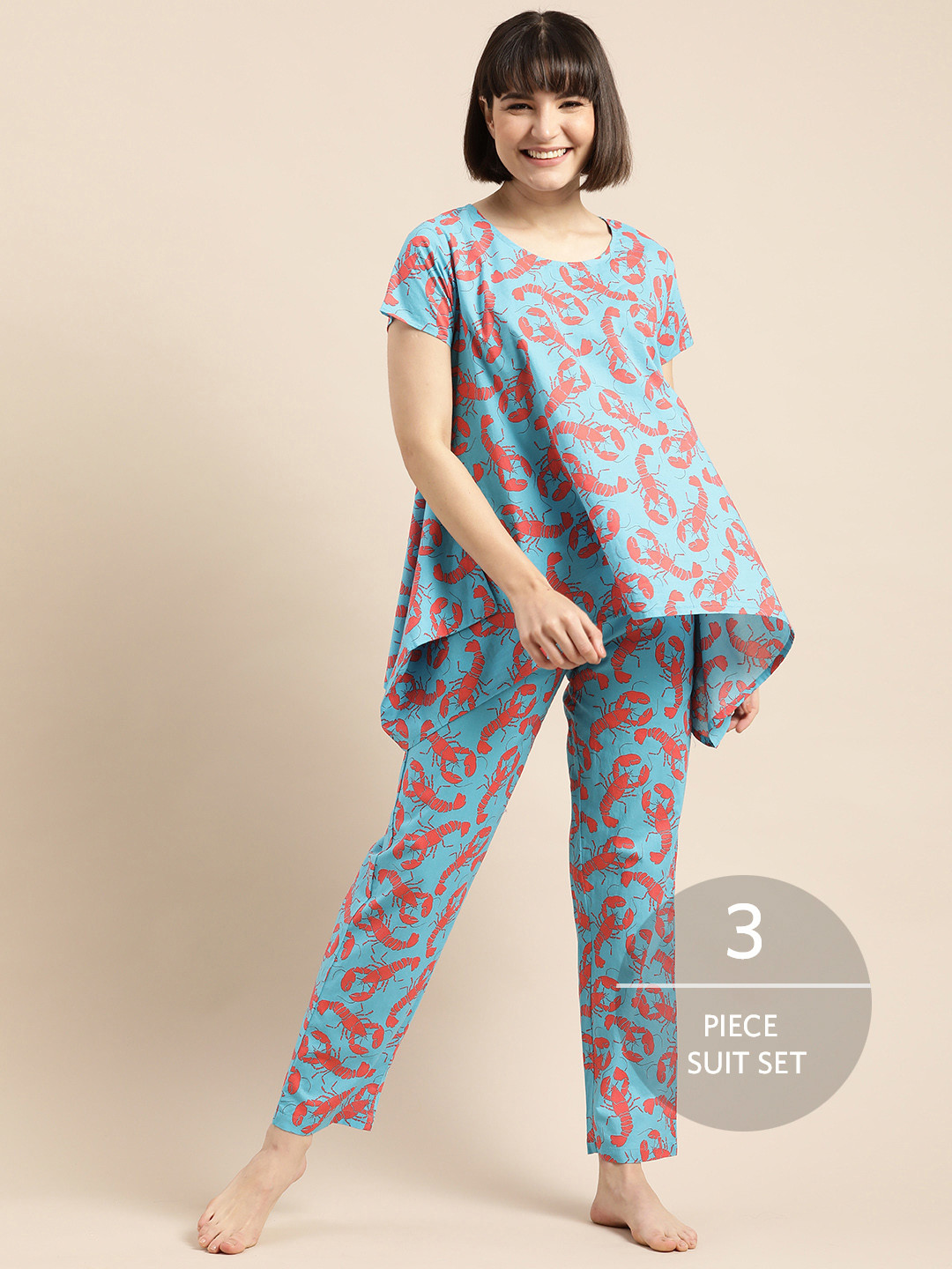 Clt.s Women 3 Piece Turquoise Blue & Red Printed Cotton Night suit