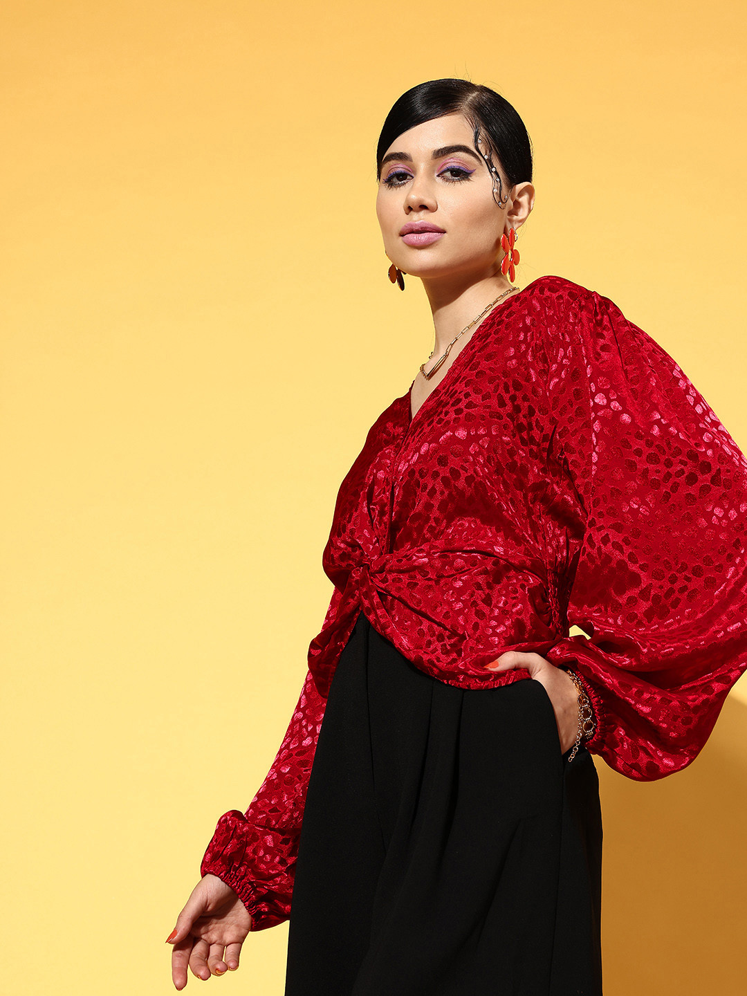 plusS Charming Maroon Animal Print Twist & Knot Top