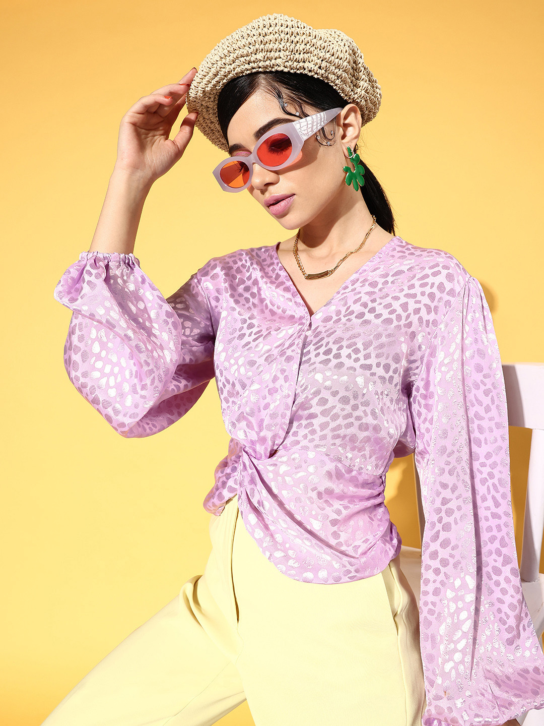 plusS Elegant Lavender Animal Print Twist & Knot Top