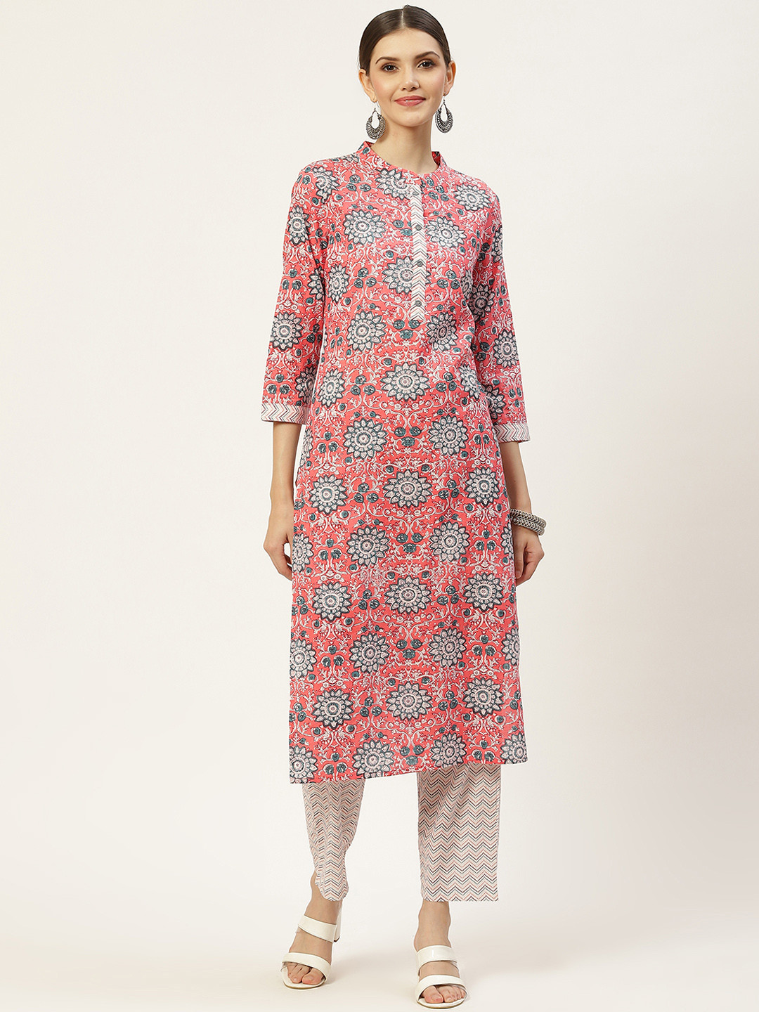 KBZ Women Coral Orange & Teal Blue Ethnic Motifs Printed Pure Cotton Kurta with Trousers