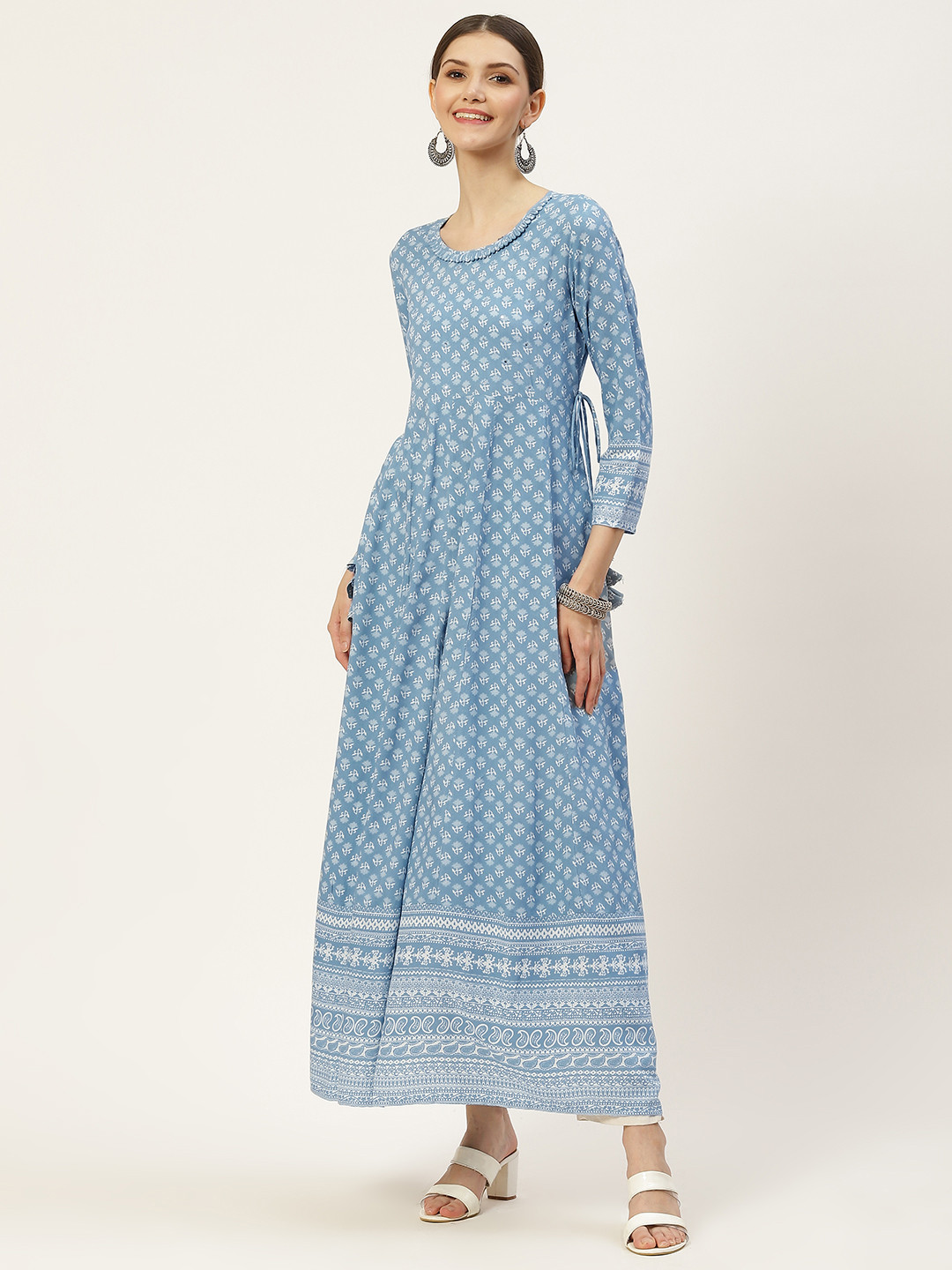 KBZ Women Blue Ethnic Motifs Printed Ruffled Anarkali Kurta With Mirror Work