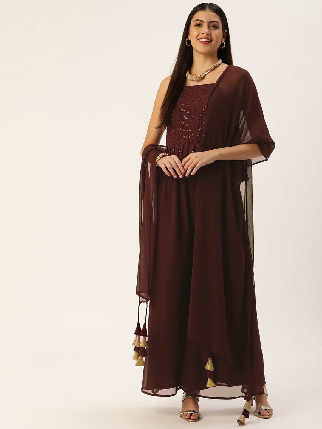 SWAGG INDIA Women Brown Ethnic Motifs Embroidered Sequinned Top with Palazzos & With Dupatta