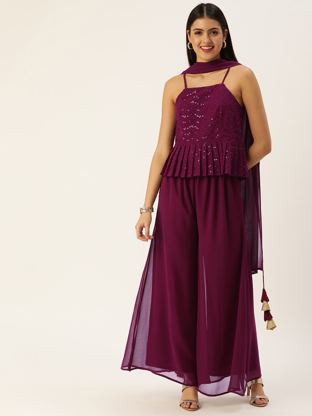 SWAGG INDIA Women Purple Ethnic Motifs Embroidered Top with Palazzos & With Dupatta