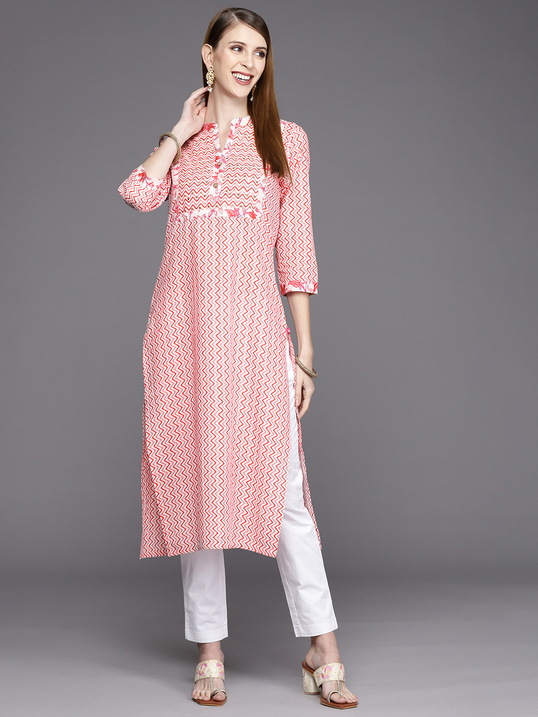 Varanga Women Pink Chevron Printed Pastels Kurta