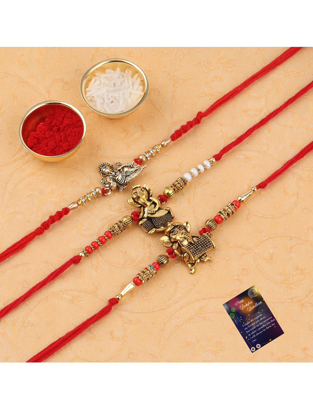 Silver Shine Set of 3 Rakhi with Roli Chawal & Greeting Card